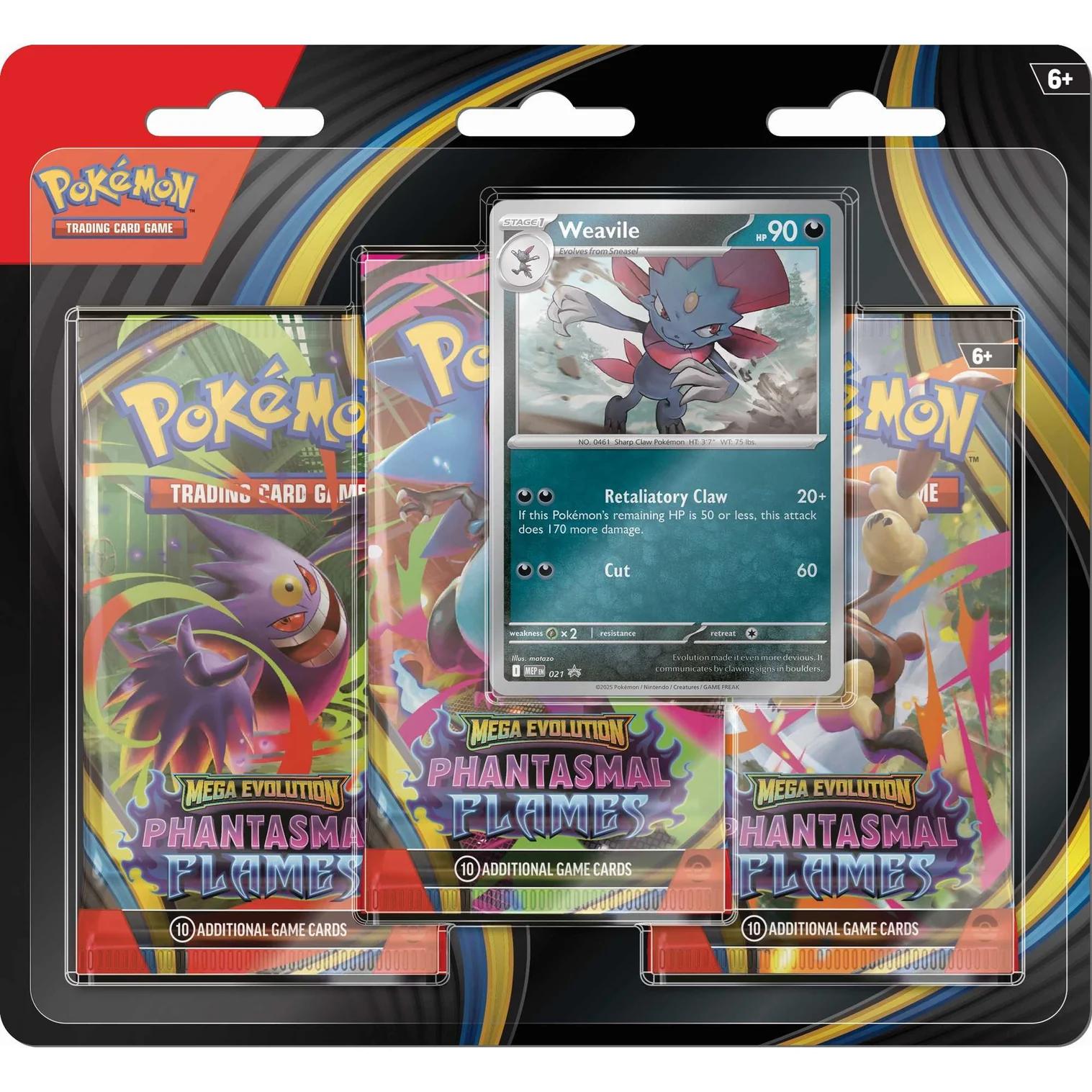 Pokémon TCG – Scarlet & Violet Phantasmal Flames Booster Blister Pack (3 Packs, English), Either Weavilee or Sneasel)